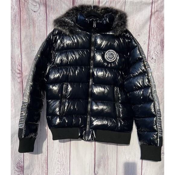 SWITCH REMARKABLE Men’s Puffer Coat Jacket Studded Insulated Fur Hood Black XL - Picture 6 of 12